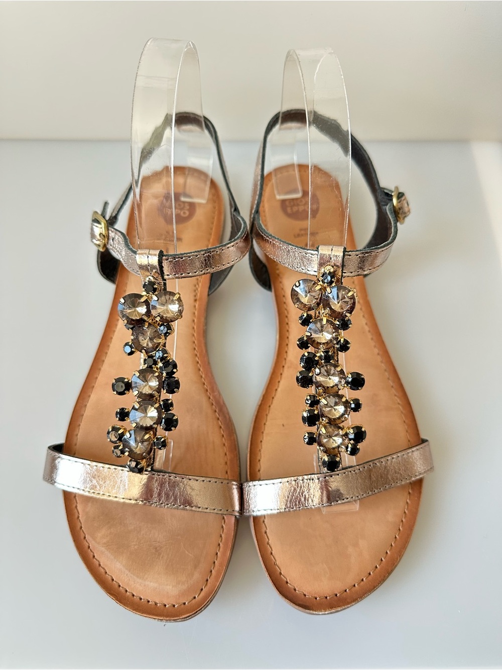 Gioseppo Metallic Leather Jeweled Sandals Crystal Embellished Ankle Strap